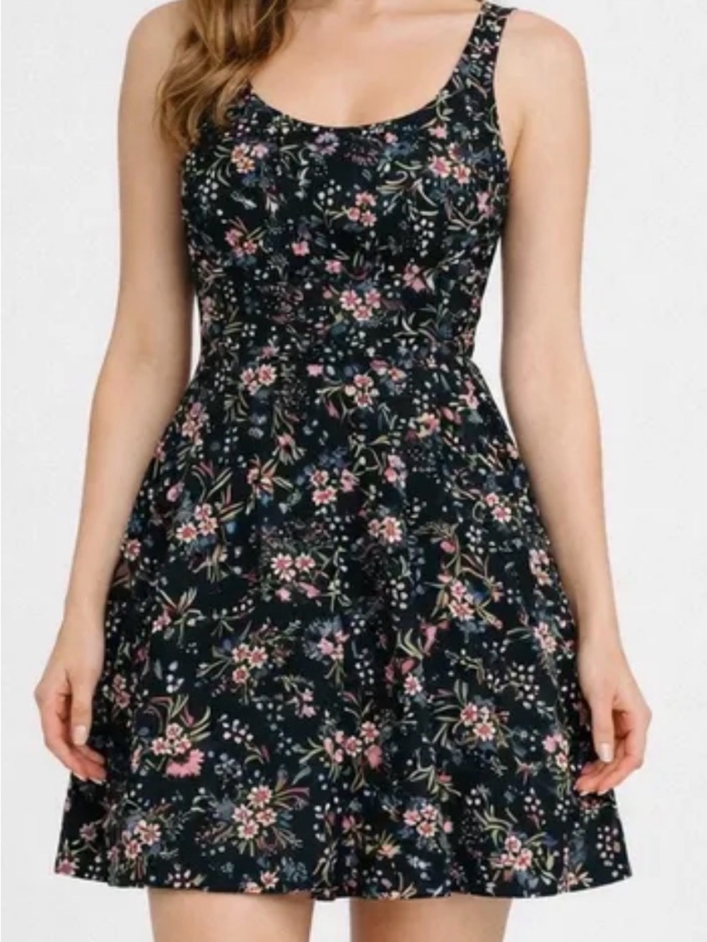 H&M Floral Fit-and-Flare Dress in Black with Pink Accents